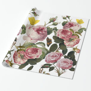 PINK ROSES AND YELLOW BUTTERFLIES White Floral Wrapping Paper