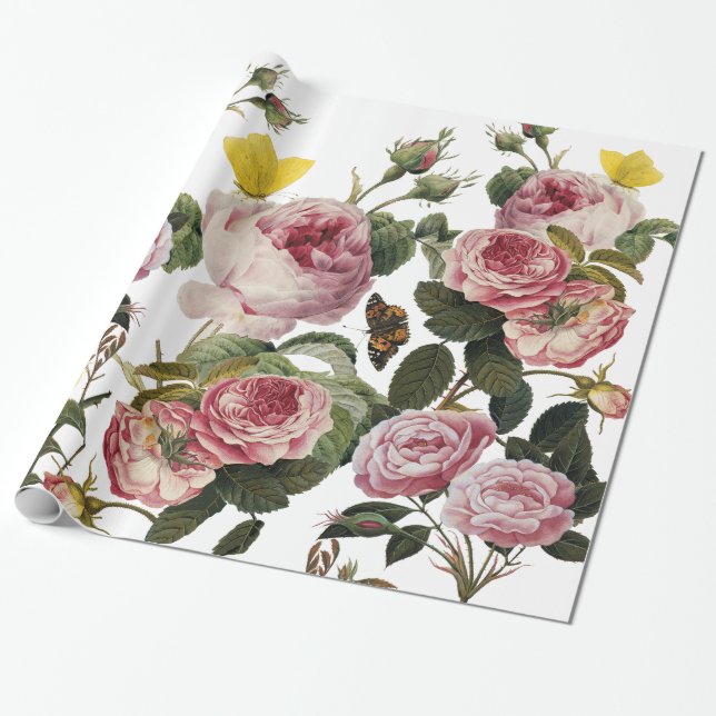 PINK ROSES AND YELLOW  BUTTERFLIES White Floral Wrapping Paper (Unrolled)
