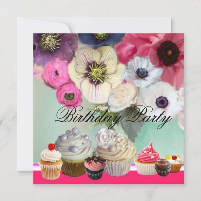 PINK ROSES ANEMONE FLOWERS AND CUPCAKES Birthday Invitation (Front)