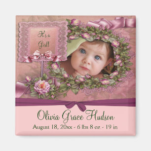Pink Roses Baby Girl Photo Birth Magnets