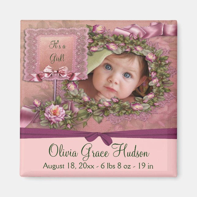 Pink Roses Baby Girl Photo Birth Magnets (Front)