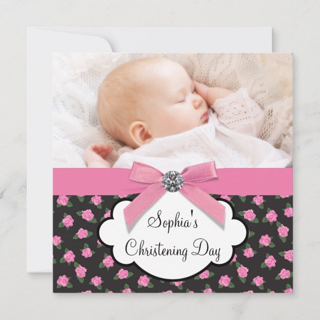 Pink Roses Baby Girl Photo Christening Invitation (Front)
