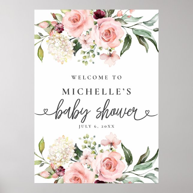 Pink Roses Baby Shower Welcome Sign (Front)
