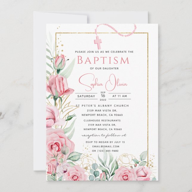 Pink Roses Baptism Girl Invitation (Front)