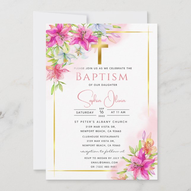 Pink Roses Baptism Girl Invitation (Front)