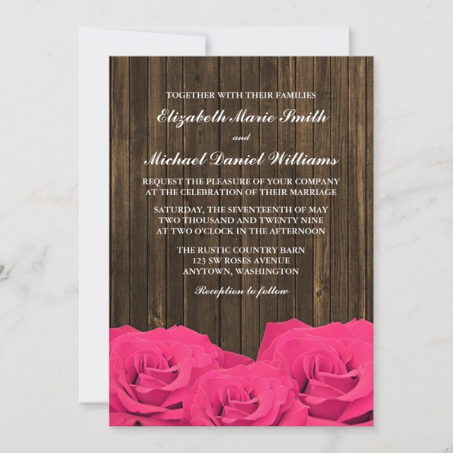 Pink Roses Barn Wood Wedding Invitation (Front)