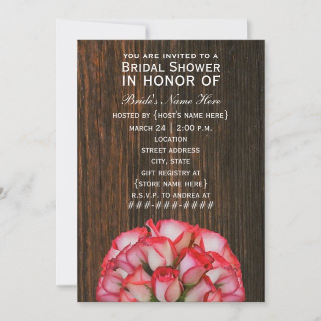 Pink Roses & Barnwood Rustic Bridal Shower Invite (Front)
