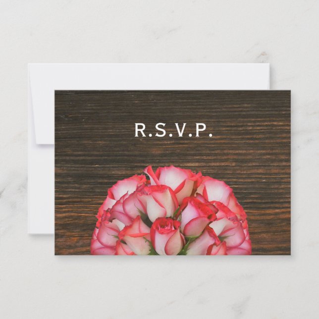 Pink  Roses & Barnwood Rustic Wedding RSVP (Front)