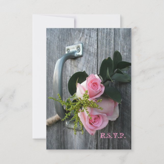Pink Roses & Barnwood Wedding RSVP (Front)