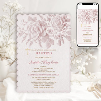 Pink Roses Bautizo Niña Faux Embossed Cross  Invitation