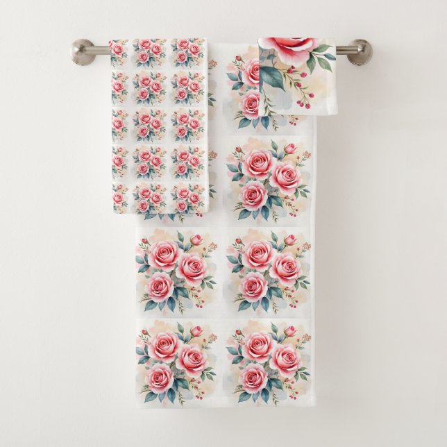 Pink Roses Beautiful Luxury Modern Collection Bath Towel Set (Insitu)