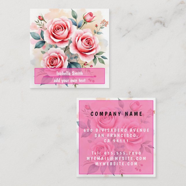 Pink Roses Beautiful Luxury Modern Collection Square Business Card (Front/Back)