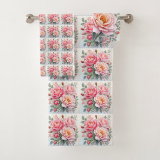 Pink Roses Beautiful Luxury Popular Collection Bath Towel Set