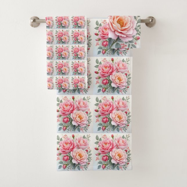 Pink Roses Beautiful Luxury Popular Collection Bath Towel Set (Insitu)