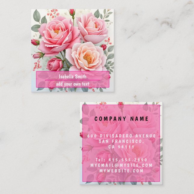 Pink Roses Beautiful Luxury Popular Collection Square Business Card (Front/Back)