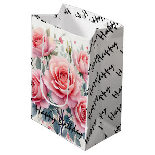 Pink Roses Beautiful Luxury Trendy Collection Medium Gift Bag