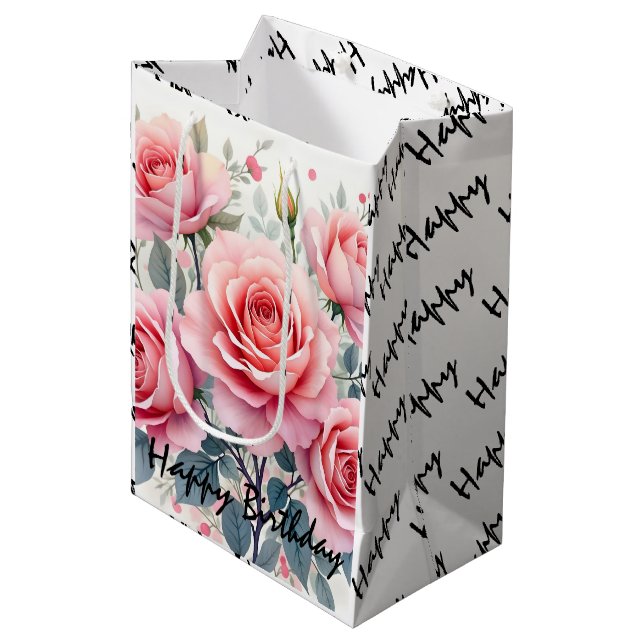Pink Roses Beautiful Luxury Trendy Collection Medium Gift Bag (Front Angled)
