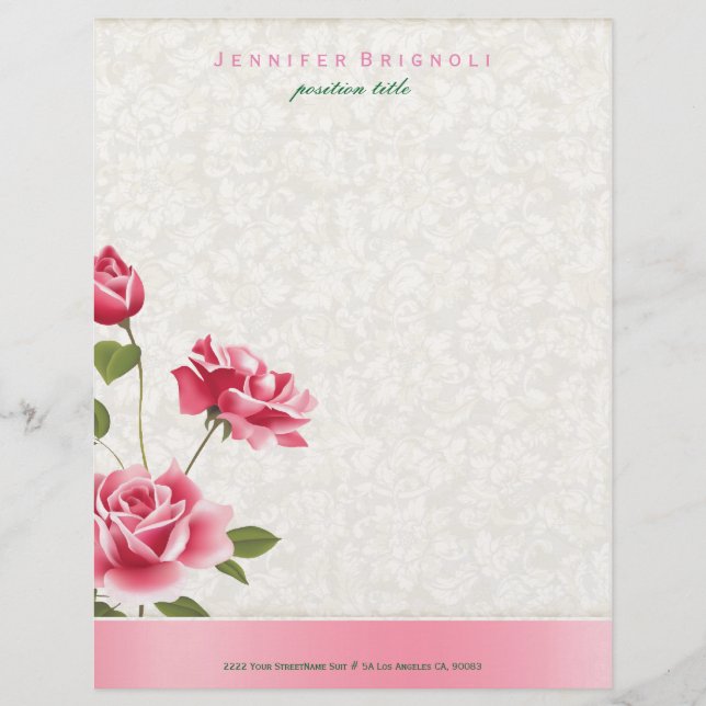 Pink Roses Beige Damasks Letterhead (Front)