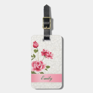 Pink Roses Beige Damasks Luggage Tag