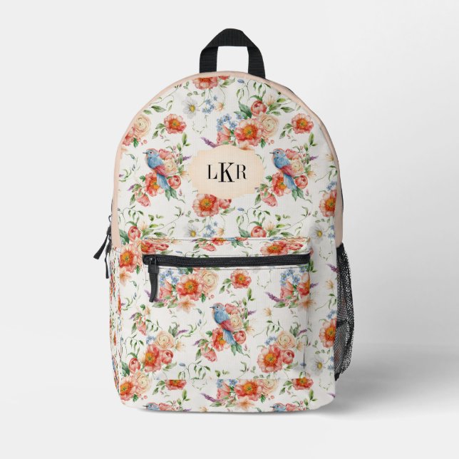 Pink Roses & Birds Pattern 3-Letter Monogram Printed Backpack (Front)