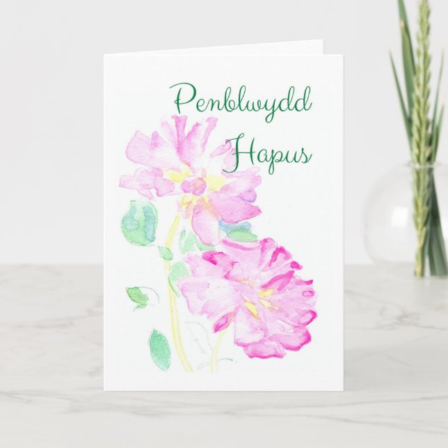 Pink Roses Birthday Card: Welsh Greeting Card (Front)