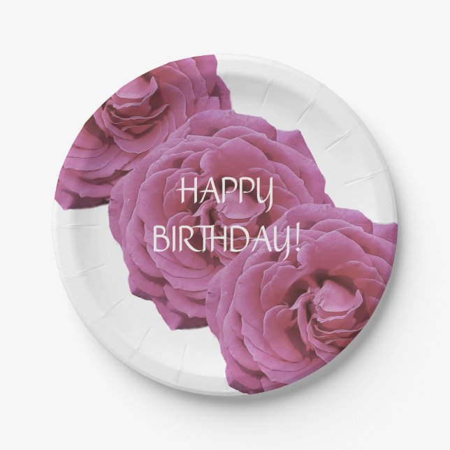 Pink Roses Birthday Paper Plate (Front)