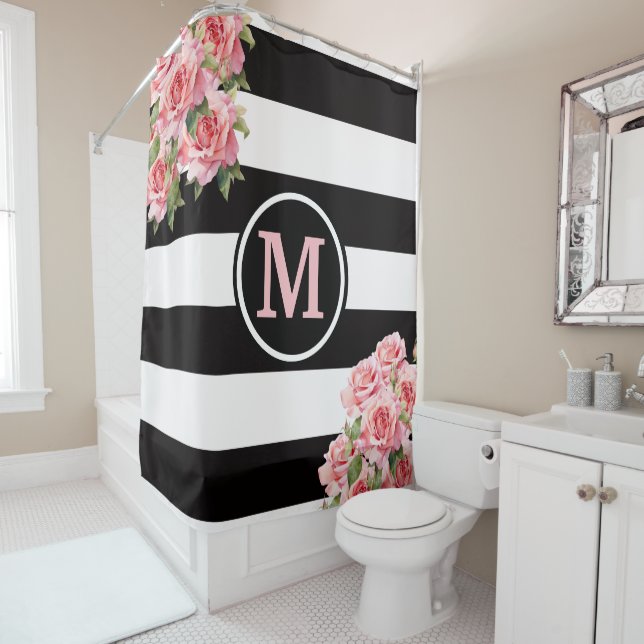 Pink Roses Black and White Striped Monogram Shower Curtain (In Situ)