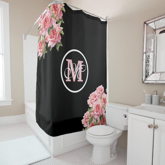 Pink Roses Black and White Striped Monogram Shower Curtain (In Situ)