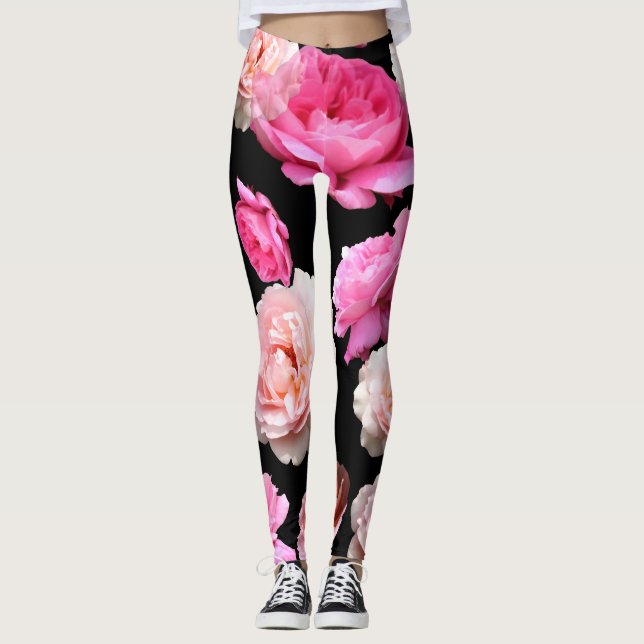 Pink Roses Black Athleisure Yoga Pants Leggings (Front)