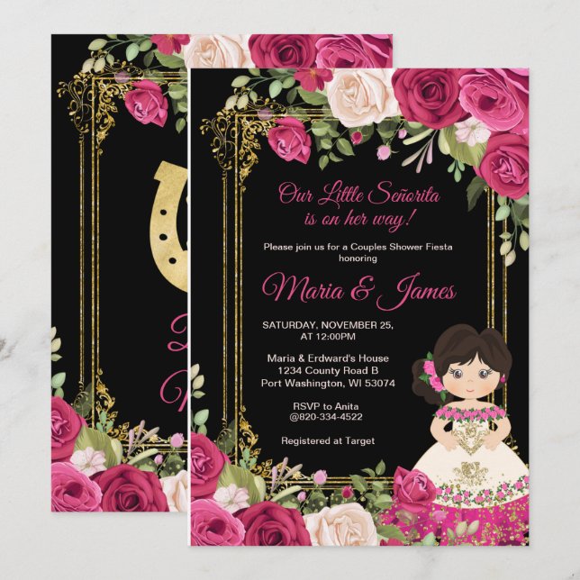 Pink Roses & Black Background Couples shower   Invitation (Front/Back)