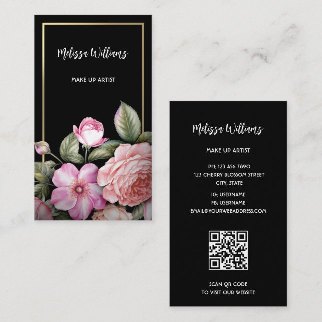 Pink Roses Black Business Card (Front/Back)
