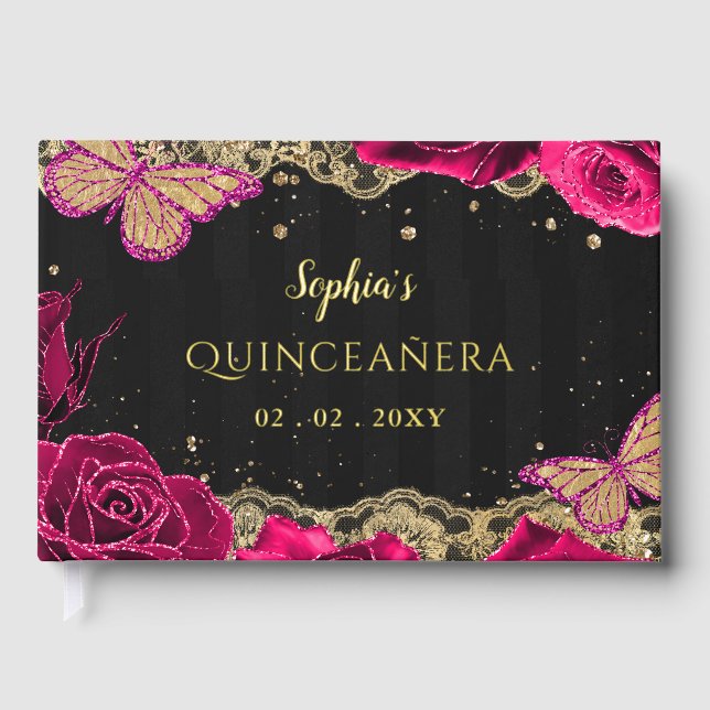 Pink Roses Black Gold Lace Butterfly Quinceañera Guest Book (Front)