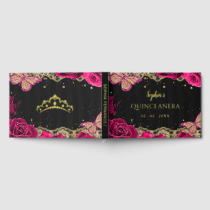Pink Roses Black Gold Lace Butterfly Quinceañera Guest Book