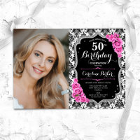 Pink Roses Black Silver Damask Photo 50th Birthday