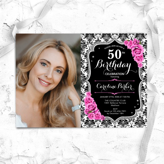 Pink Roses Black Silver Damask Photo 50th Birthday Invitation (Creator Uploaded)