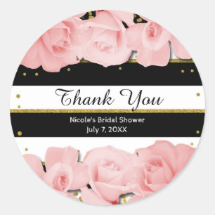 Pink Roses Black Stripes & Gold Bridal Shower Classic Round Sticker