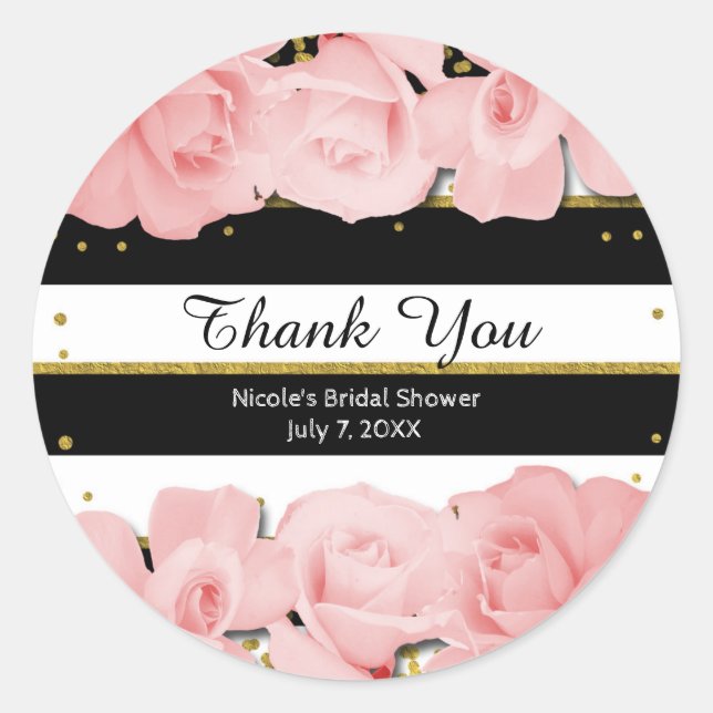 Pink Roses Black Stripes & Gold Bridal Shower Classic Round Sticker (Front)
