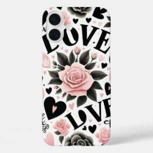 PINK ROSES BLACK VALENTINE HEARTS & LOVE iPhone 16 PLUS CASE