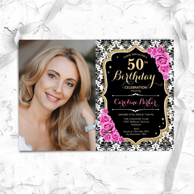 Pink Roses Black White Damask Photo 50th Birthday Invitation (Creator Uploaded)