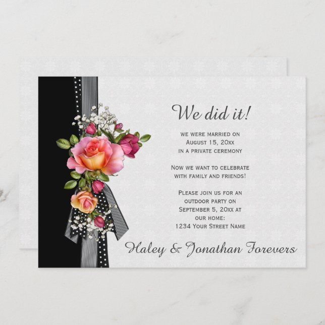 Pink Roses Black White Ribbon Weddings Receptions Invitation (Front/Back)