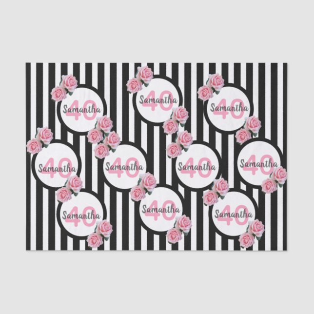 Pink roses black white stripes 40th birthday tissue paper (Front)