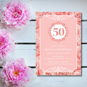 Pink Roses Blossom Floral 50 Birthday Invitation