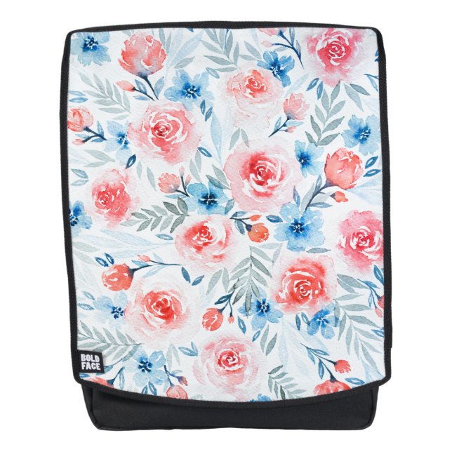 Pink Roses Blue Flowers Watercolor Floral Pattern Backpack (Front)