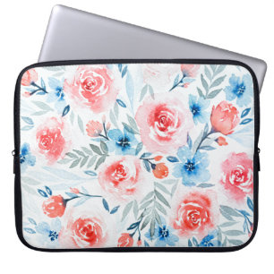 Pink Roses Blue Flowers Watercolor Floral Pattern Laptop Sleeve