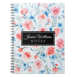 Pink Roses Blue Flowers Watercolor Floral Pattern Notebook