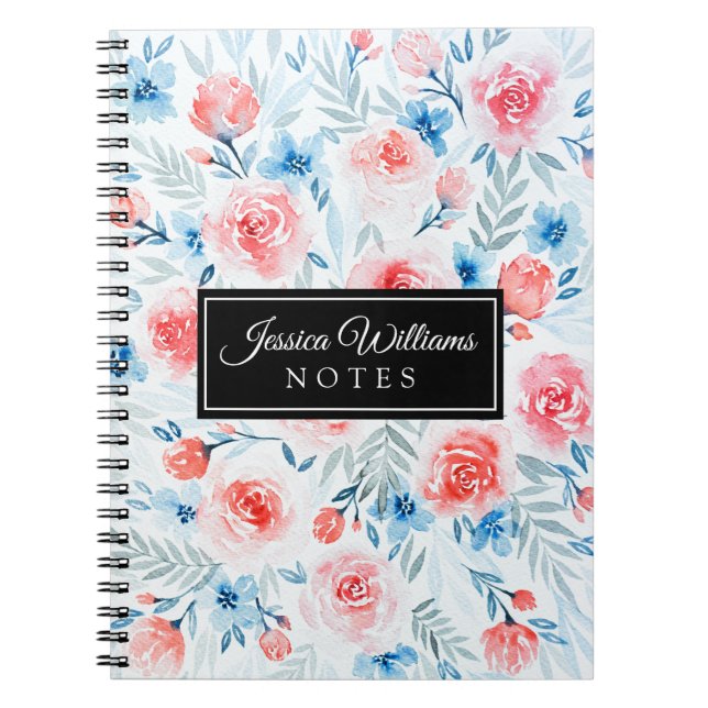 Pink Roses Blue Flowers Watercolor Floral Pattern Notebook (Front)