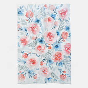 Pink Roses Blue Flowers Watercolor Floral Pattern Tea Towel