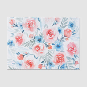 Pink Roses Blue Flowers Watercolor Floral Pattern Tissue Paper