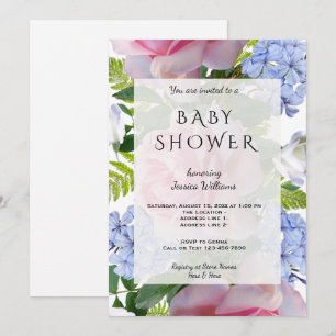 Pink Roses & Blue Plumbago Baby Shower Invitation