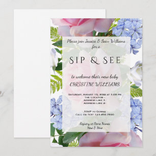 Pink Roses & Blue Plumbago Sip & See Invitation